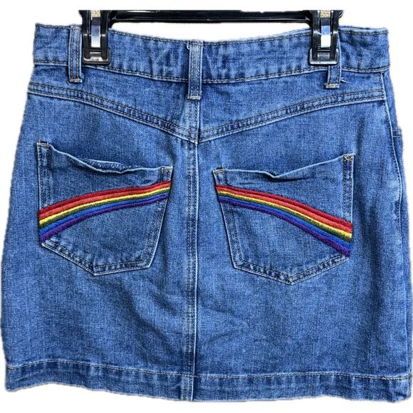 Forever 21 Embroidered Rainbow Pocket Button Fly Denim Mini Skirt Women Small - Picture 1 of 7